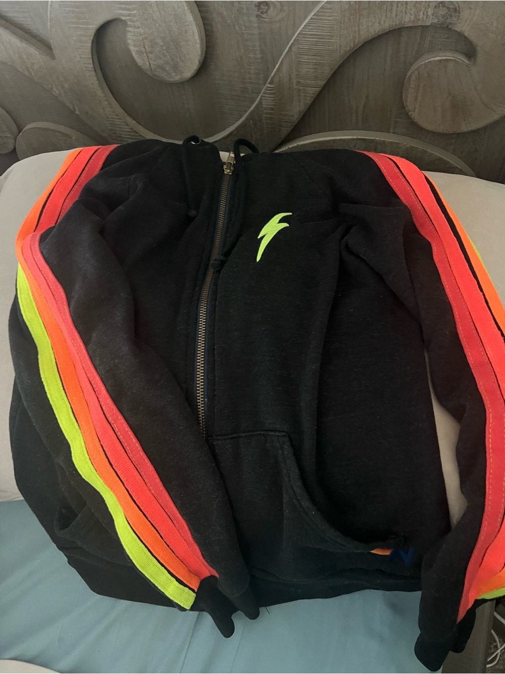 AVIATOR NATION Black Zip Hoodie with Neon Stripe Detail XS